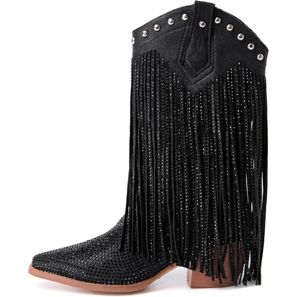 ⚡Women's Black Pointed toe Thick Heel Ankle Boot Ladies Crystal Embroider